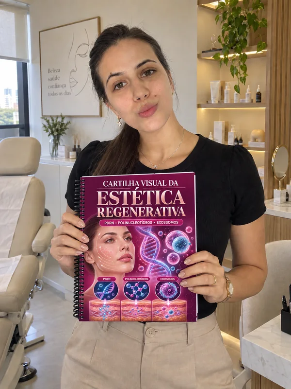 Profissional de estética segurando a Cartilha Visual