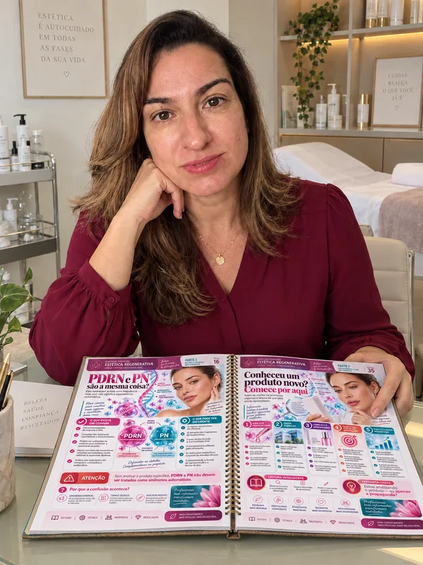 Profissional de estética estudando as páginas da cartilha
