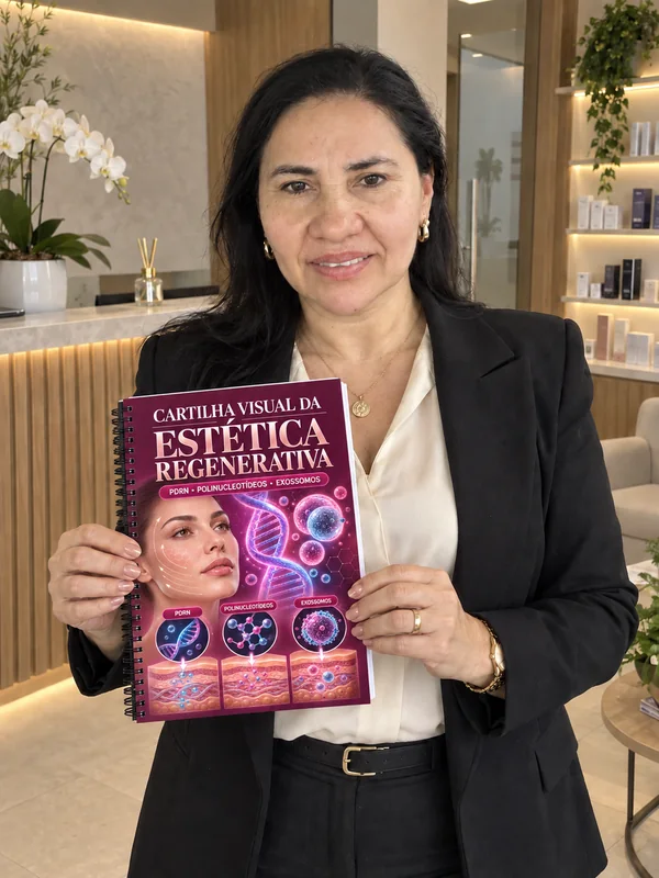Profissional de estética apresentando a Cartilha Visual
