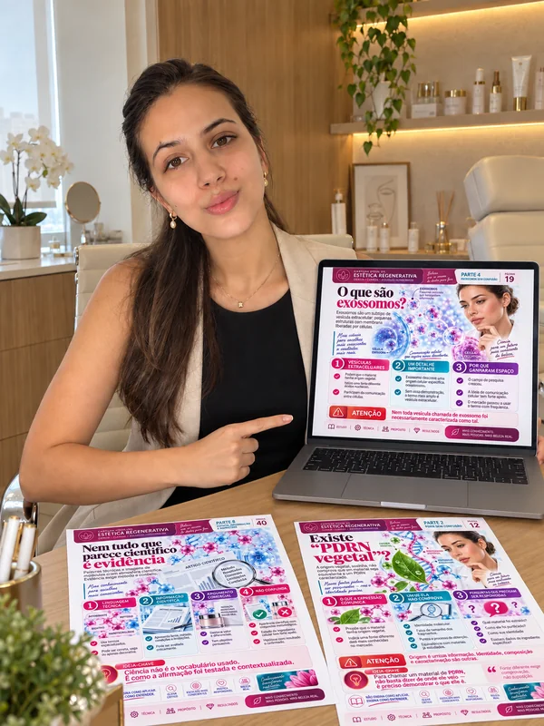 Profissional de estética usando a cartilha no ambiente de trabalho